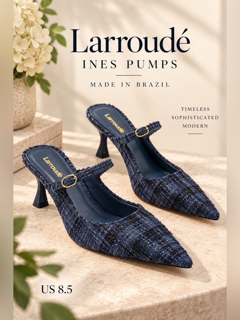 Larroudé Ines Navy Tweed Pointed Toe Slingback Pumps Size 8.5